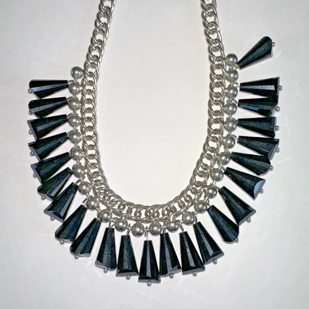 Cookie Lee Bib Necklace Women OS Black Silver Excellent Statement Fringe Goth
